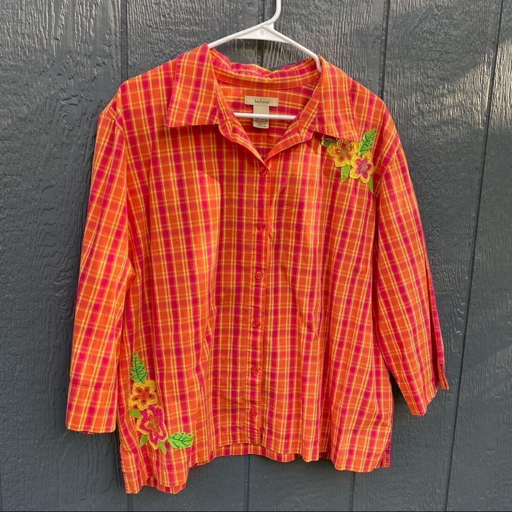 Bechamel Button Up Orange Plaid Floral Applique Shirt XL